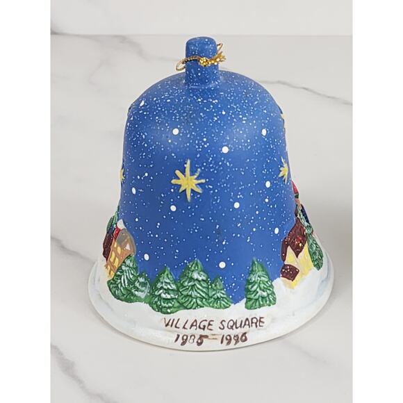 Christmas Village Square Bell Ornaments 4" Porcelain 90's Blue Lot of 2 Vintage - Picture 2 of 12